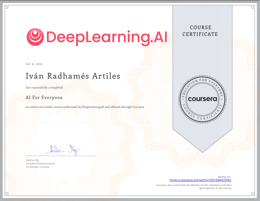 Artificial Intelligence Course Certificate